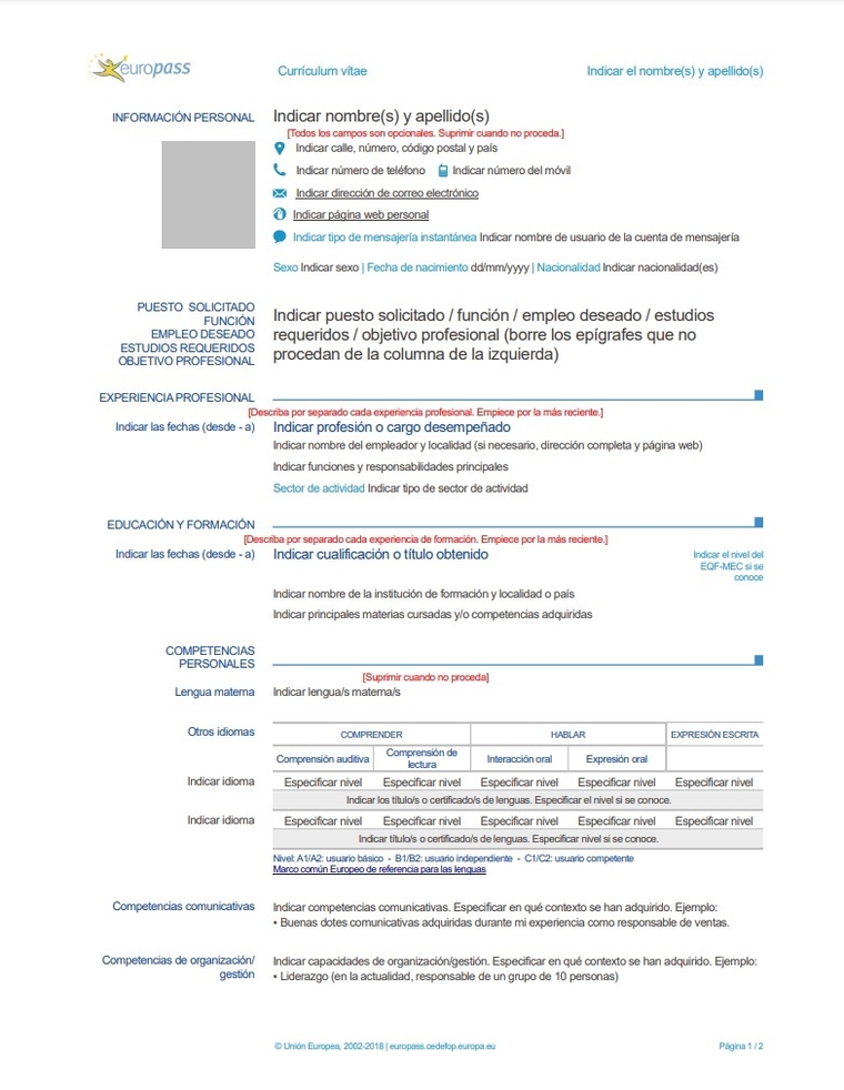 Currículum Europass en blanco