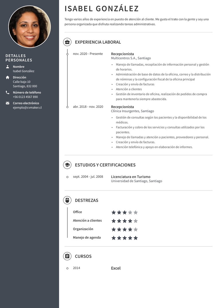 Ejemplo de CV de recepcionista